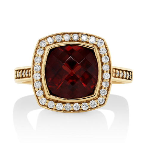 9ct Yellow Gold Cushion Cut Garnet And Diamond Ring - alternate view