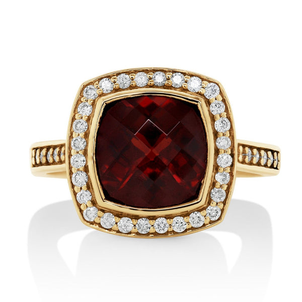 9ct Yellow Gold Cushion Cut Garnet And Diamond Ring - alternate view