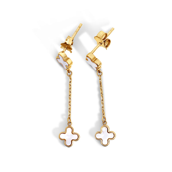 9ct Yellow Gold Mother Of Pearl Four Leaf Clover Drop Earrings - alternate view