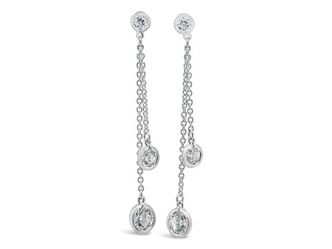 Sterling Silver Three Bezel Set Cz Double Chain Stud Earrings - alternate view