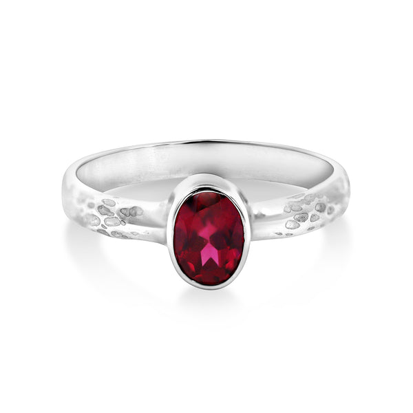 Sterling Silver Oval Rhodolite Garnet Bezel Set Ring On Beaten Band - alternate view