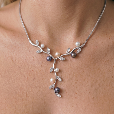 9ct White Gold Pearl & Cubic Zirconia Vine Necklace - alternate view