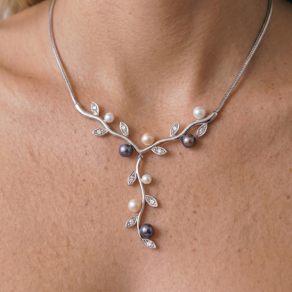 9ct White Gold Pearl & Cubic Zirconia Vine Necklace - alternate view