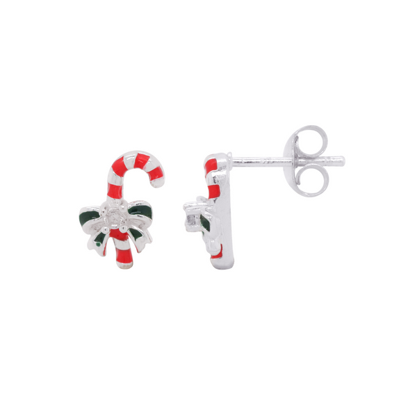 Sterling Silver Enamel Candy Cane Studs - alternate view