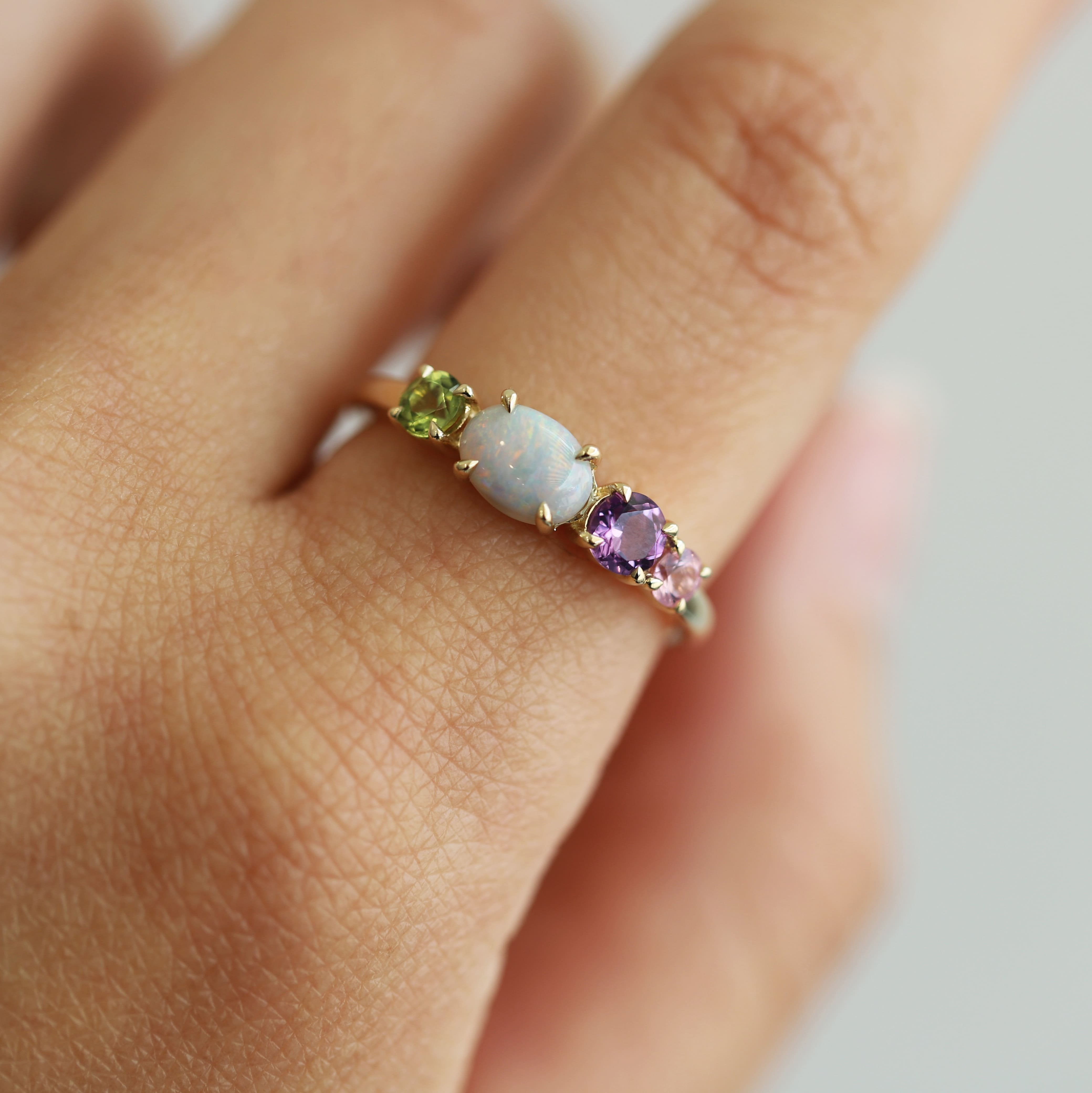 9ct Yellow Gold Opal, Peridot, Amethyst & Pink Sapphire Dress Ring