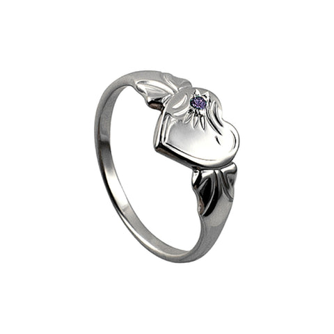 Sterling Silver Single Heart Feb Birthstone Signet Ring Size F - alternate view