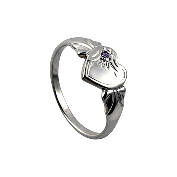 Sterling Silver Single Heart Feb Birthstone Signet Ring Size F - alternate view