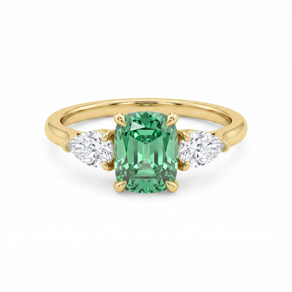 14ct Yellow Gold Cushion Modified Brilliant Green Lab Grown Diamond Trilogy Ring
