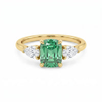 14ct Yellow Gold Cushion Modified Brilliant Green Lab Grown Diamond Trilogy Ring