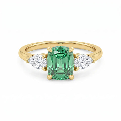 14ct Yellow Gold Cushion Modified Brilliant Green Lab Grown Diamond Trilogy Ring