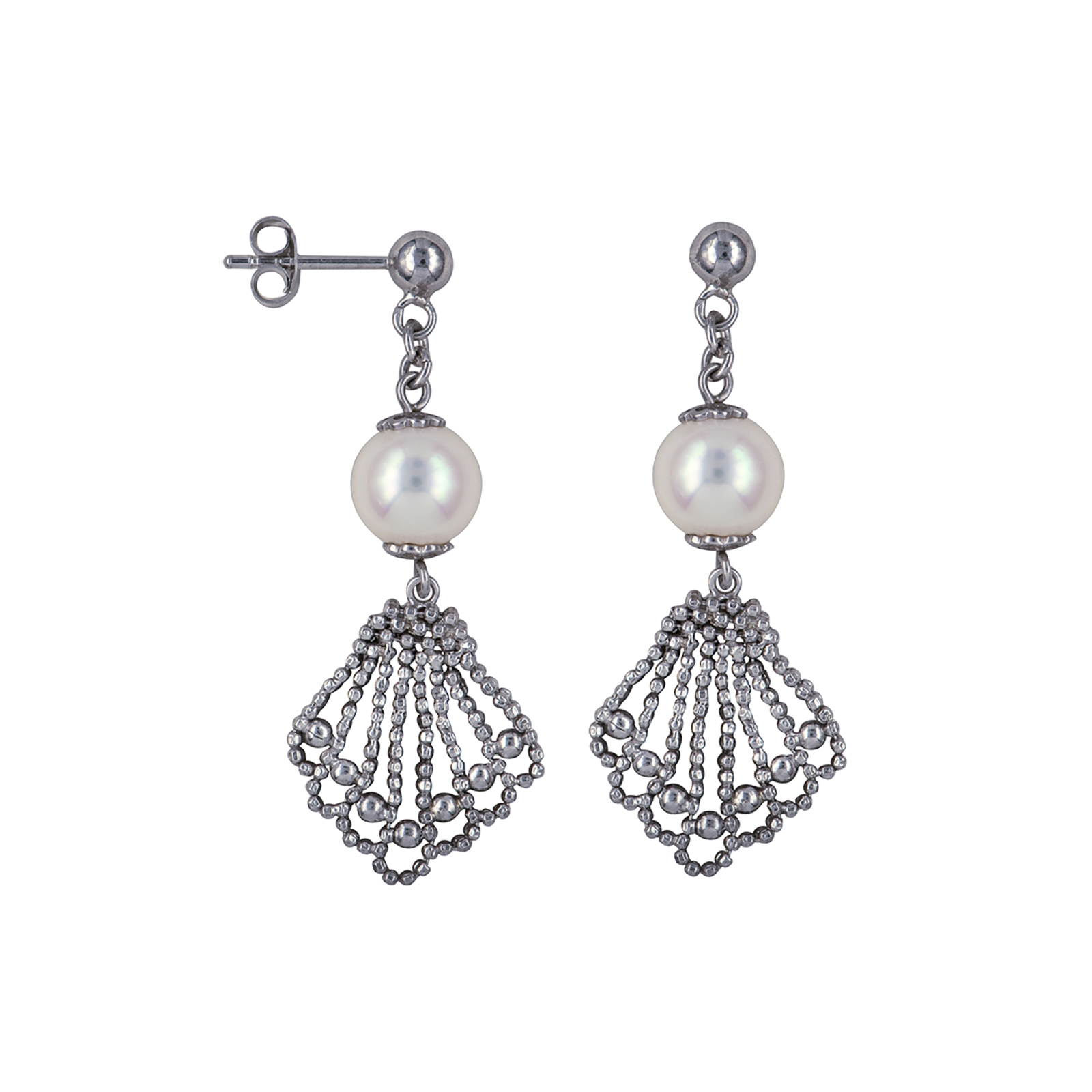 Sterling Silver round Pearl fancy antique design fan drop