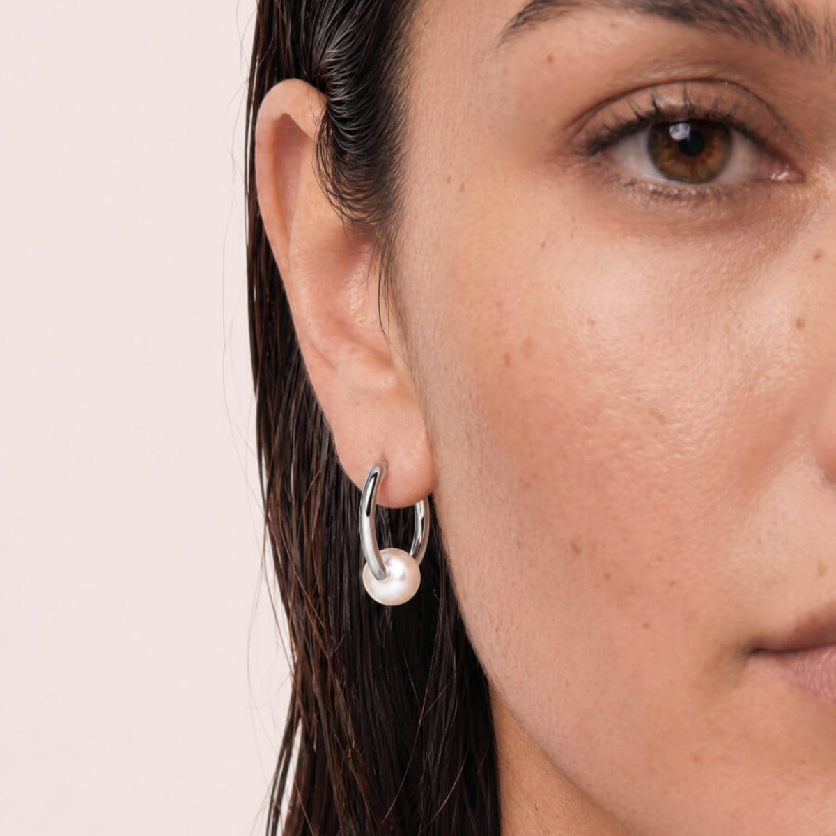 Sterling Silver Oval Freshwater Pearl Hoop Earrings