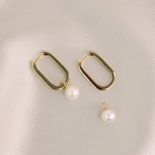 9ct Yellow Gold Oval Hoop Earrings With Freshwater Pearl Drop - alternate view