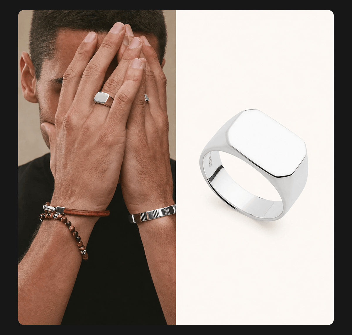 A man wearing the Najo Moto men's silver rectangular signet ring beside a product close-up