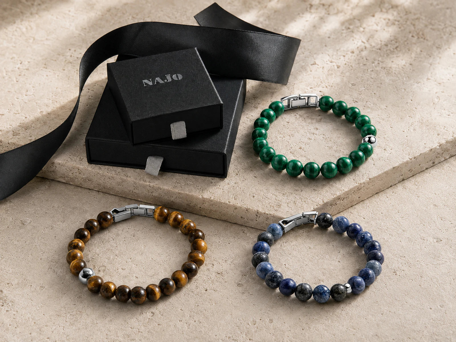 Assorted NAJO men's beaded bracelets in Tiger Eye, Lapis and Malachite