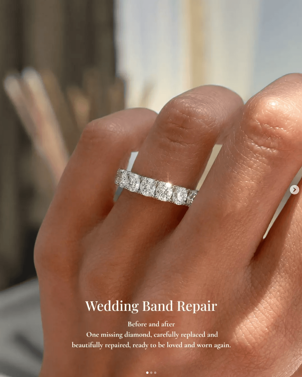 Wedding band repair close up with diamond band on hand
